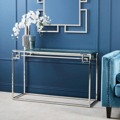 Allure Silver Stainless Steel Console Table with Tempered Glass Top