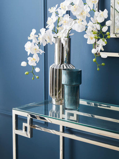Allure Silver Stainless Steel Console Table with Tempered Glass Top