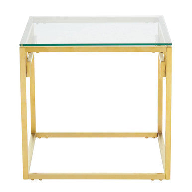 Geometric Brushed Gold Stainless Steel Side Table with Tempered Glass Top, Allure