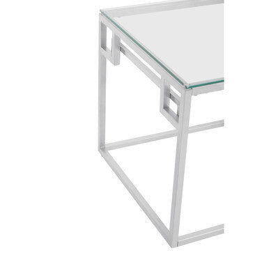Silver Geometric Square Side Table with Tempered Glass Top, Allure