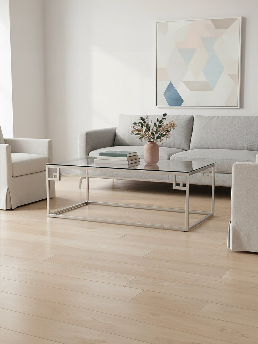 Allure Silver Stainless Steel Coffee Table with Tempered Glass Top