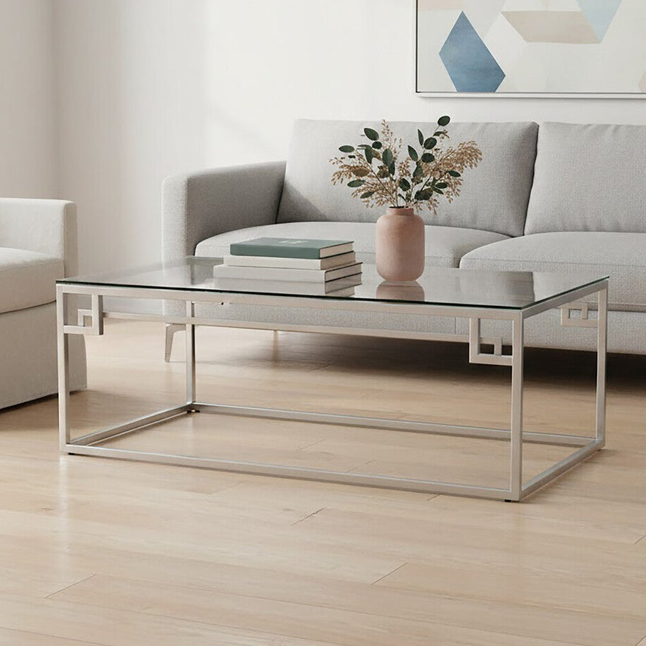 Silver Geometric Rectangular Coffee Table with Tempered Glass Top, Allure
