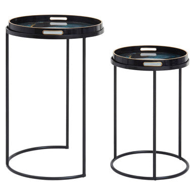 Set of Two Round Nesting Tables with Multicolour Agate Effect Tray Tops and Black Metal Frames, Celina