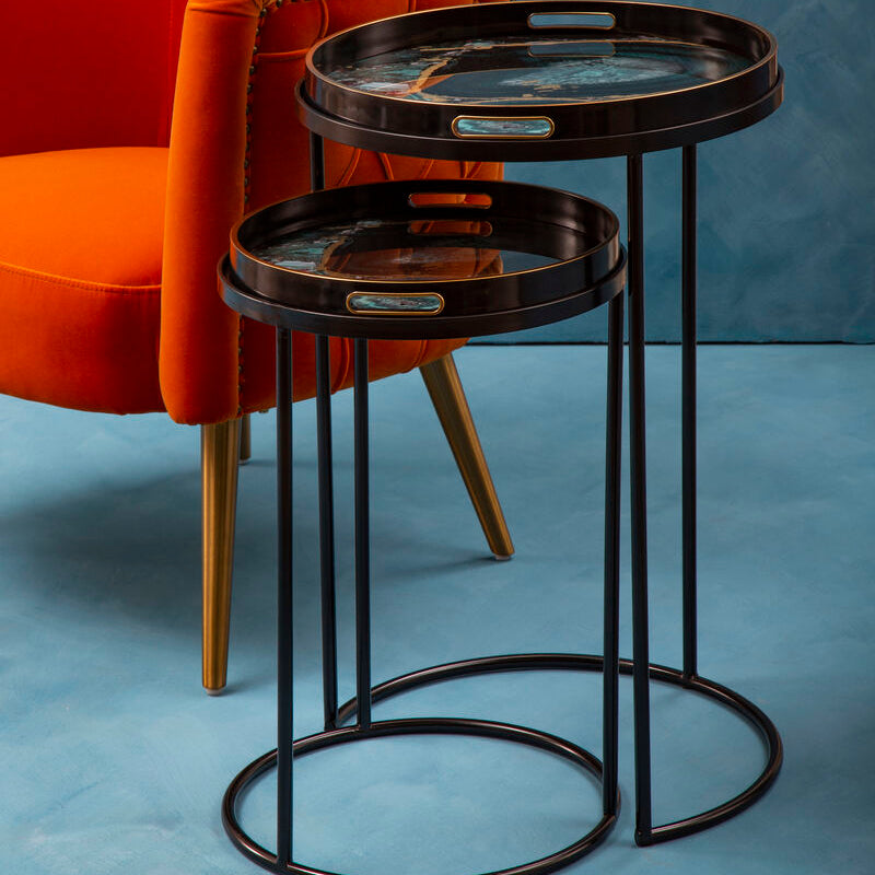 Set of Two Round Nesting Tables with Multicolour Agate Effect Tray Tops and Black Metal Frames, Celina