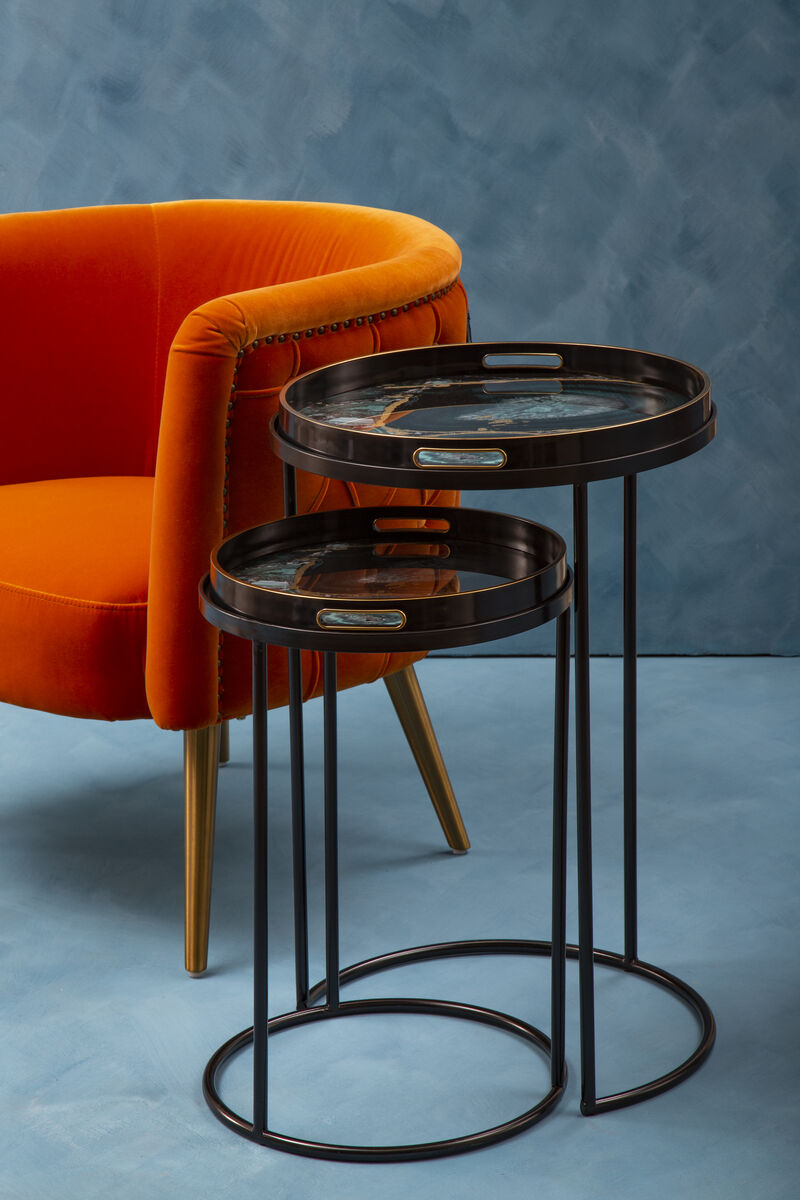 Set of Two Round Nesting Tables with Multicolour Agate Effect Tray Tops and Black Metal Frames, Celina