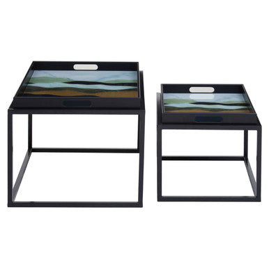 Set of 2 Multicolour Agate Effect Removable Tray Tops Nesting Side Tables with Black Metal Frames, Celina