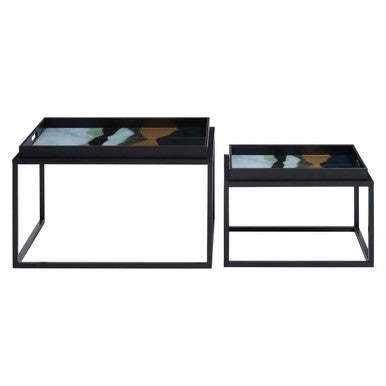 Set of 2 Multicolour Agate Effect Removable Tray Tops Nesting Side Tables with Black Metal Frames, Celina