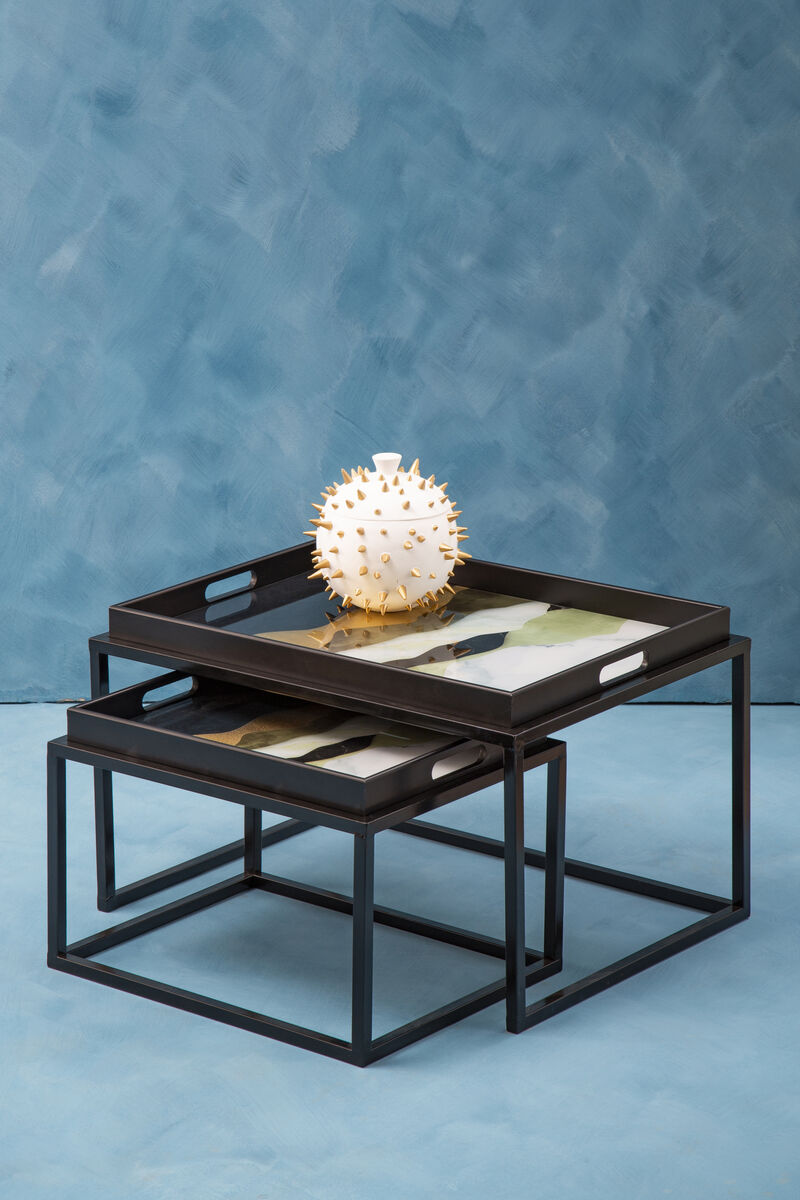 Set of 2 Multicolour Agate Effect Removable Tray Tops Nesting Side Tables with Black Metal Frames, Celina