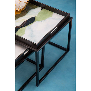 Set of 2 Multicolour Agate Effect Removable Tray Tops Nesting Side Tables with Black Metal Frames, Celina