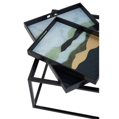 Set of 2 Multicolour Agate Effect Removable Tray Tops Nesting Side Tables with Black Metal Frames, Celina