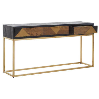 Balck Oak Wood Console Table with Sleek Brushed Gold Frame, Siena