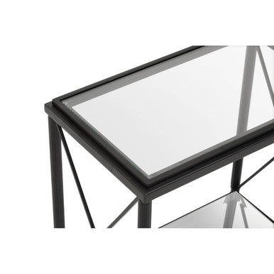 Black Metal Rectangular Frame Side Table with Two-Tier Clear Glass Shelves and Floral Motif, Axis