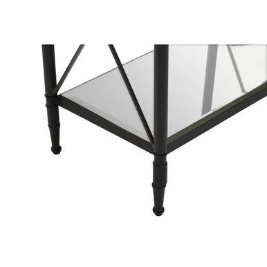 Black Metal Rectangular Frame Side Table with Two-Tier Clear Glass Shelves and Floral Motif, Axis
