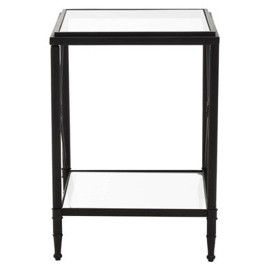 Black Metal Square Frame Side Table with Two-Tier Clear Glass Shelves and Floral Motif, Axis