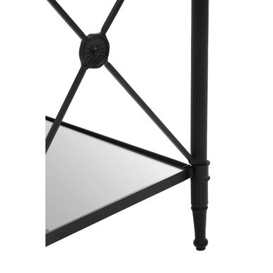 Black Metal Square Frame Side Table with Two-Tier Clear Glass Shelves and Floral Motif, Axis