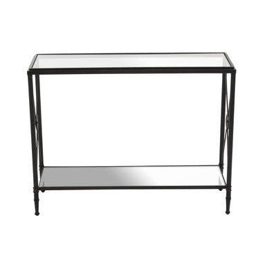 Black Metal Frame Console Table with Two-Tier Clear Glass Shelves and Floral Motif | Axis