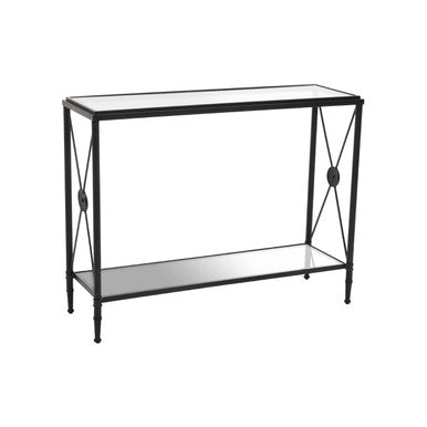 Black Metal Frame Console Table with Two-Tier Clear Glass Shelves and Floral Motif | Axis