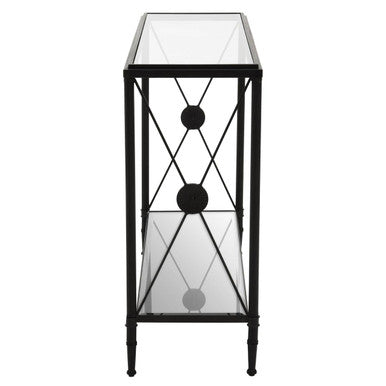 Black Metal Frame Console Table with Two-Tier Clear Glass Shelves and Floral Motif | Axis