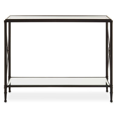 Black Metal Frame Console Table with Two-Tier Clear Glass Shelves and Floral Motif | Axis
