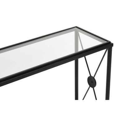 Black Metal Frame Console Table with Two-Tier Clear Glass Shelves and Floral Motif | Axis