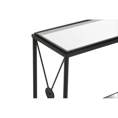 Black Metal Frame Console Table with Two-Tier Clear Glass Shelves and Floral Motif | Axis