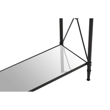 Black Metal Frame Console Table with Two-Tier Clear Glass Shelves and Floral Motif | Axis