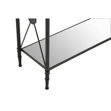 Black Metal Frame Console Table with Two-Tier Clear Glass Shelves and Floral Motif | Axis