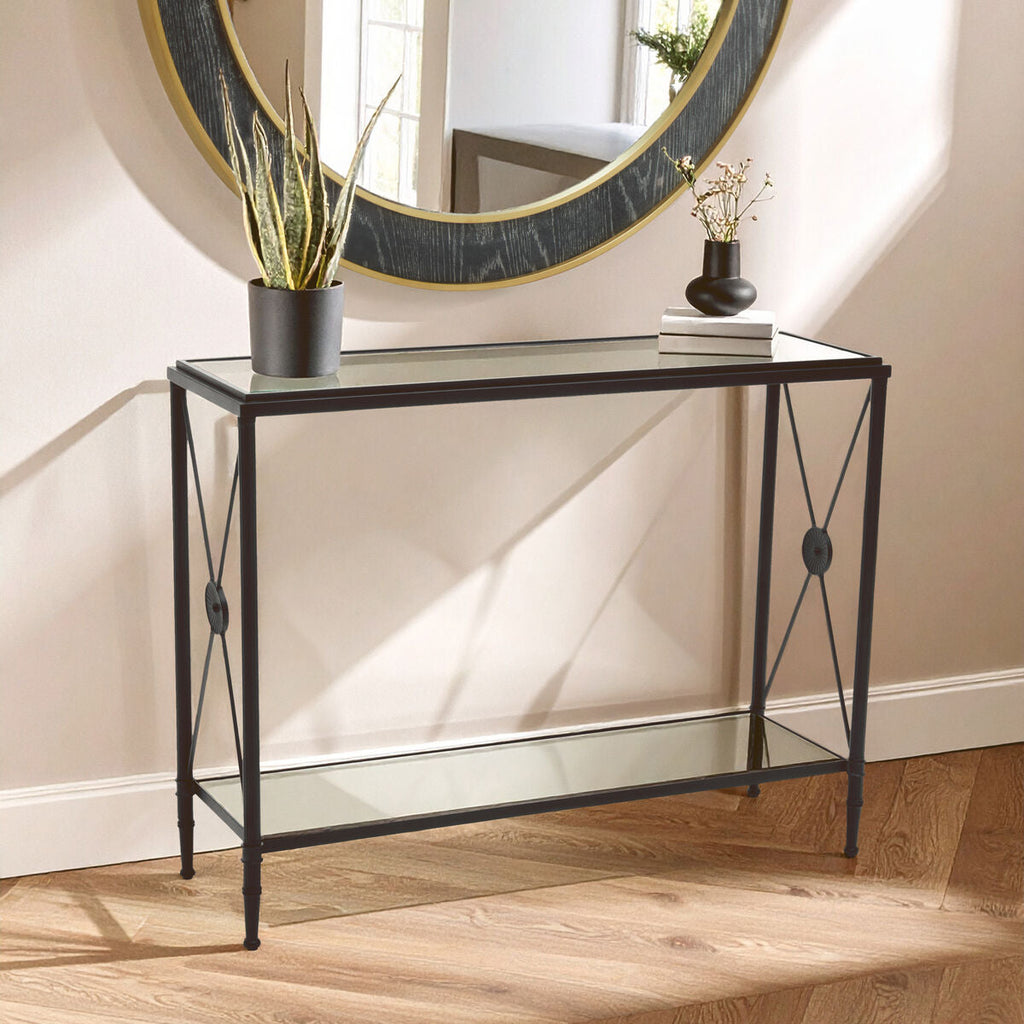 Black Metal Frame Console Table with Two-Tier Clear Glass Shelves and Floral Motif | Axis