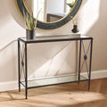 Black Metal Frame Console Table with Two-Tier Clear Glass Shelves and Floral Motif | Axis