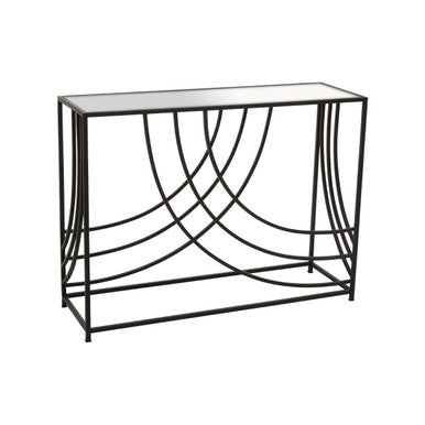 Mirrored Glass Console Table with Black Finish Metal Frame, Logan