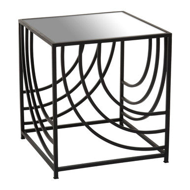 Mirrored Glass Square Side Table with Black Finish Metal Frame, Logan