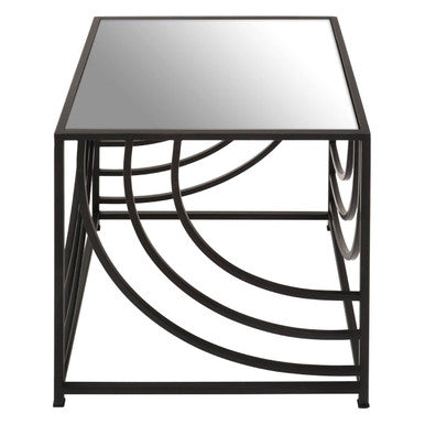 Mirrored Glass Square Side Table with Black Finish Metal Frame, Logan