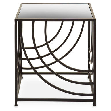 Mirrored Glass Square Side Table with Black Finish Metal Frame, Logan