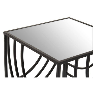 Mirrored Glass Square Side Table with Black Finish Metal Frame, Logan