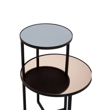 Smoked Mirror Top 2-Tier Side Table with Black Asymmetric Metal Frame, Cercle