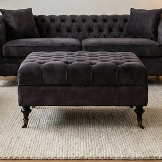 Sabrina Grey Velvet Ottoman with Button Tufting