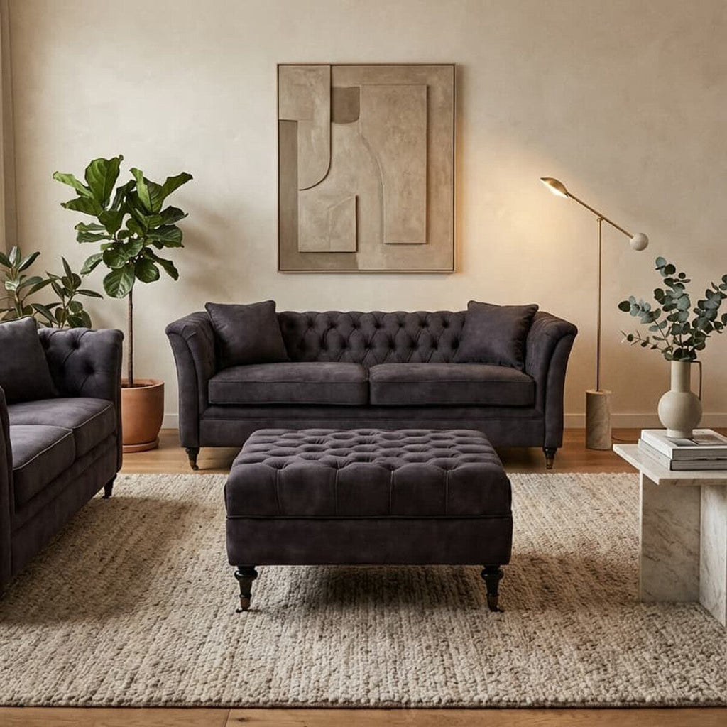 Sabrina Grey Velvet Ottoman with Button Tufting