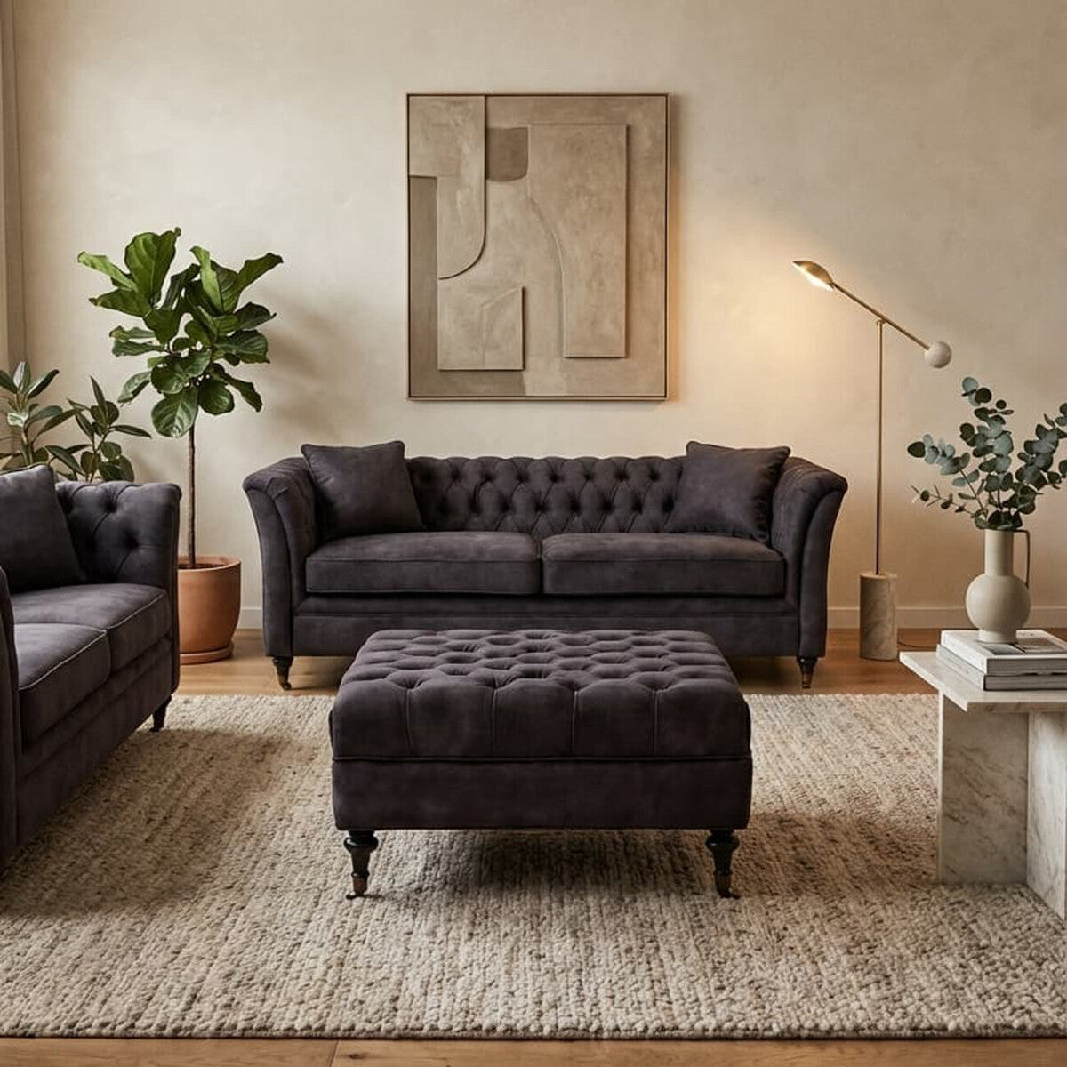 Sabrina Grey Velvet Ottoman with Button Tufting