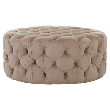 Suri Beige Velvet Round Ottoman Stool with Button Tufting