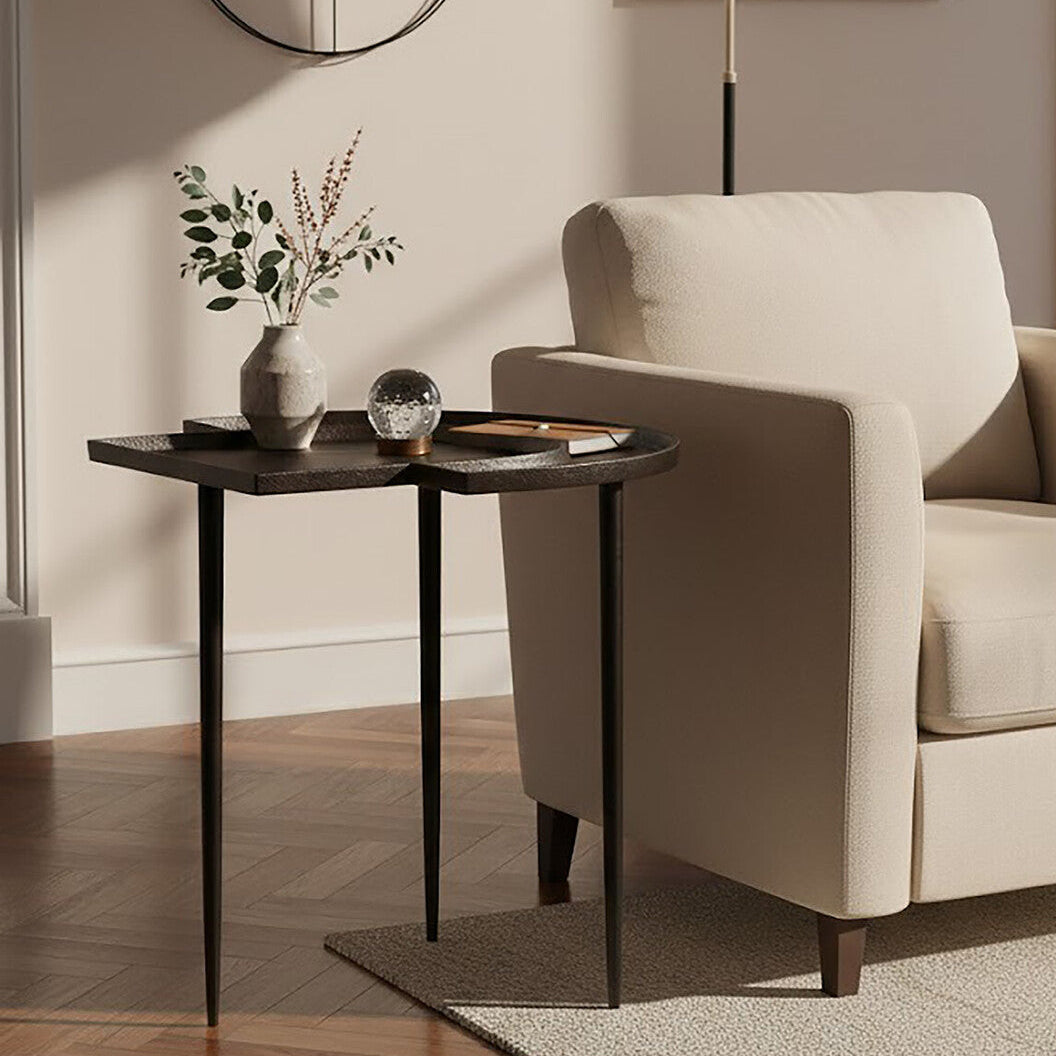 Brown Bronze Metal Top Abstract Side Table with Black Legs, Simbolo