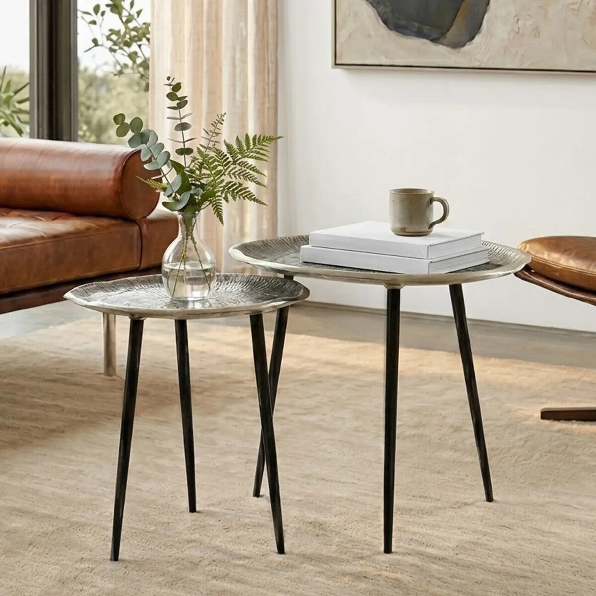 Set of 2 Silver Oak Effect Top Side Tables with Black Legs, Silva