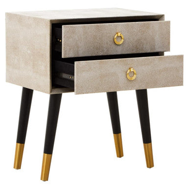 Natural Faux Shagreen Effect 2-Drawer Bedside Table with Gold Accents and Black Angular Legs | Cadio