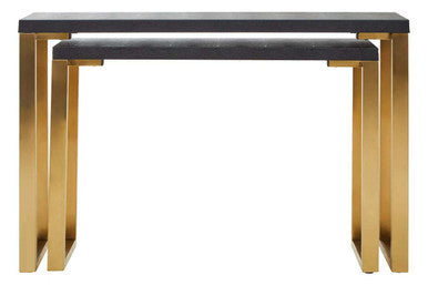 Set of Two Black Shagreen Effect Rectangular Console Tables with Gold Finish Base, Cardoba
