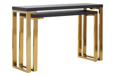 Set of Two Black Shagreen Effect Rectangular Console Tables with Gold Finish Base, Cardoba