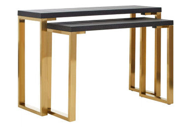 Set of Two Black Shagreen Effect Rectangular Console Tables with Gold Finish Base, Cardoba