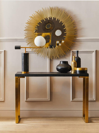 Set of Two Black Shagreen Effect Rectangular Console Tables with Gold Finish Base, Cardoba