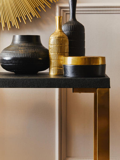 Set of Two Black Shagreen Effect Rectangular Console Tables with Gold Finish Base, Cardoba
