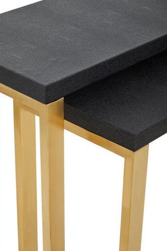 Set of Two Black Shagreen Effect Rectangular Console Tables with Gold Finish Base, Cardoba