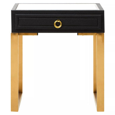 Black Shagreen Effect 1-Drawer Side Table with Brushed Matte Gold Legs and Knocker Handle, Cardoba