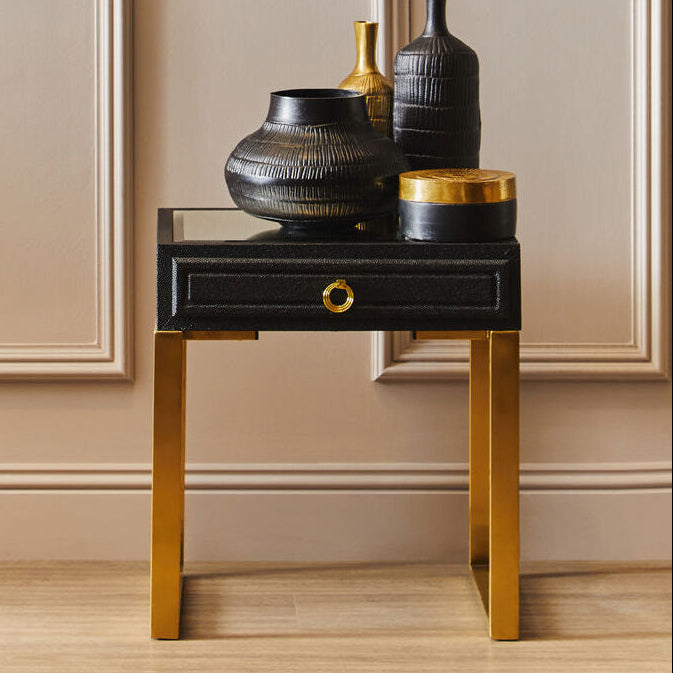 Black Shagreen Effect 1-Drawer Side Table with Brushed Matte Gold Legs and Knocker Handle, Cardoba